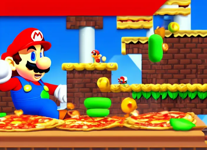 Prompt: video game screenshot of mario making pizza on his belly in super mario pizza maker video game, 4 k
