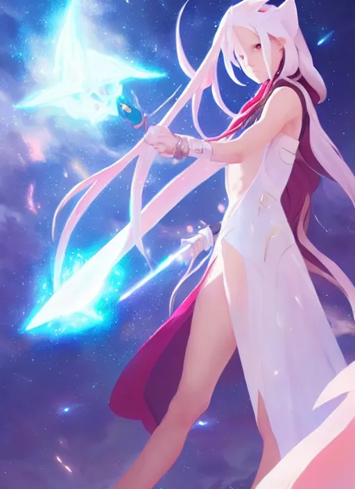 Image similar to a female space mage, star guardian inspired, perfect art, trending on pixiv, painted by greg rutkowski makoto shinkai takashi takeuchi, akihiko yoshida