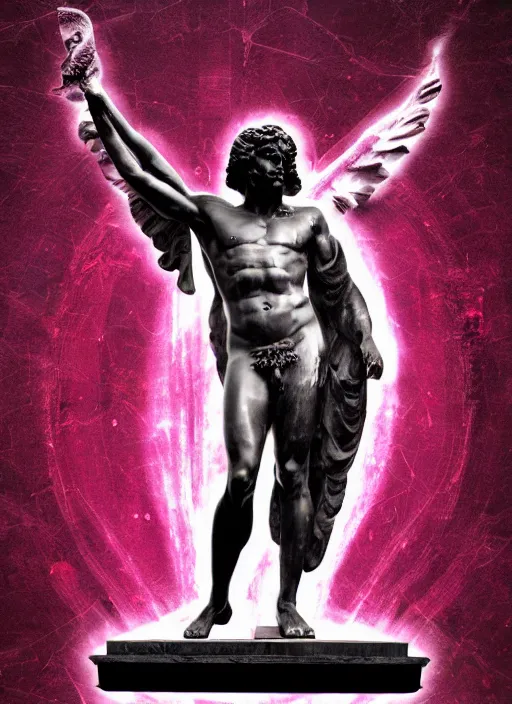 Prompt: elegant dark design poster showing a large greco roman statue of zeus, black background with very subtle red and purple design elements, bold, powerful, nekro, vito acconci, thin straight purple lines, dark, glitch art, neo vaporwave, gritty, layout frame, square, trending on artstation