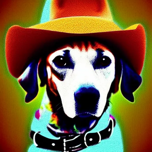 Image similar to a cute dog wearing a cowboy hat,pale colors, google deep dream