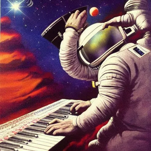 Prompt: astronaut playing keyboard by frank frazetta