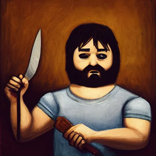 Image similar to Edmund McMillen holding a knife, portrait