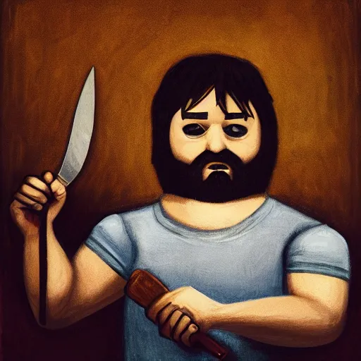 Prompt: Edmund McMillen holding a knife, portrait