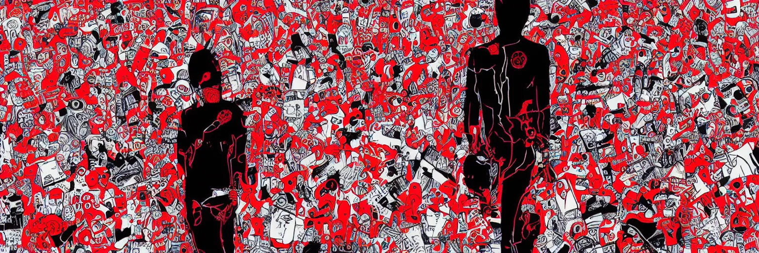 Image similar to paranoia man black and red colors radiohead, illustrator art by james jean
