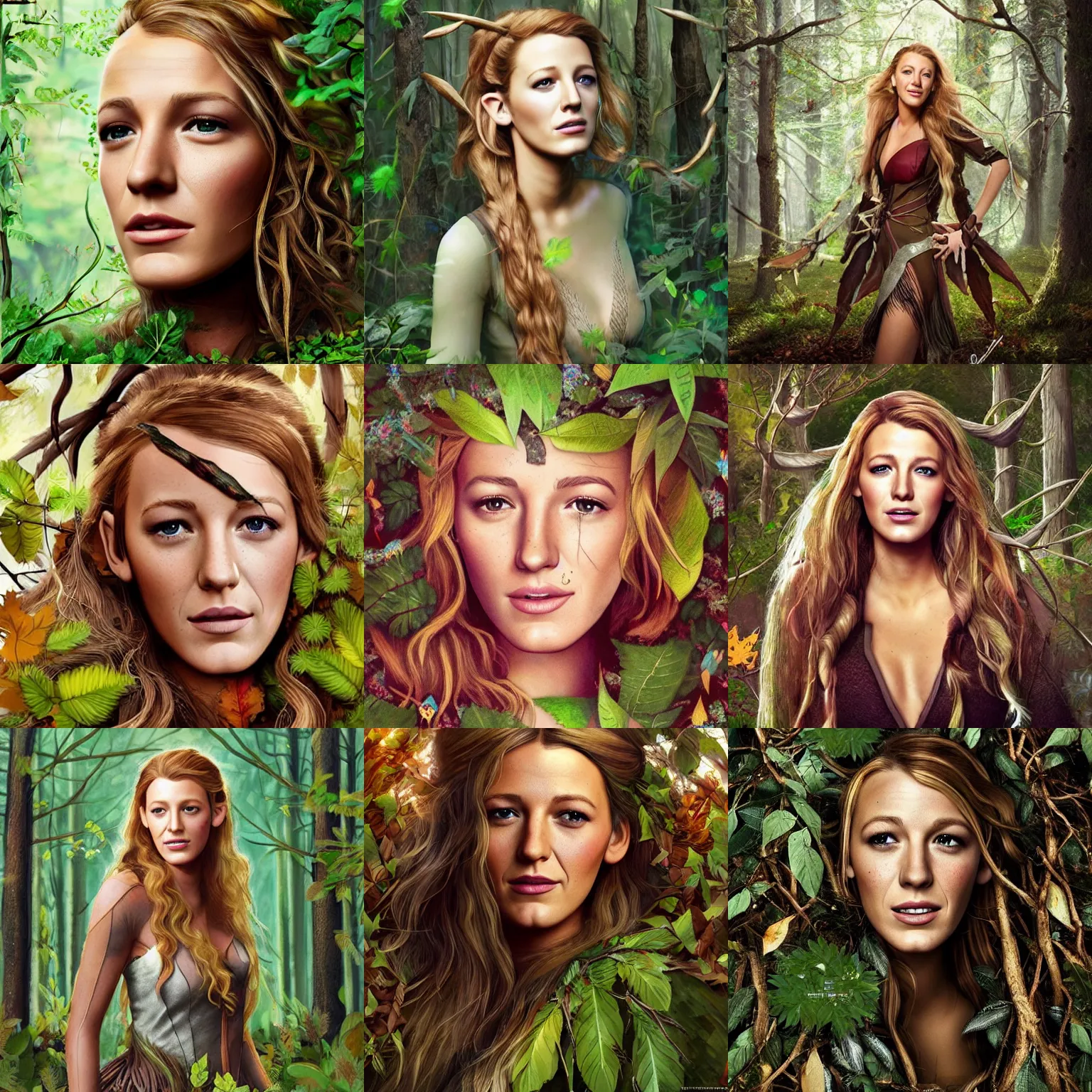 Prompt: blake lively as a wood elf in a forest surrounded by leaves, grass, branches, trees, photorealism, fantasy portrait, concept art,