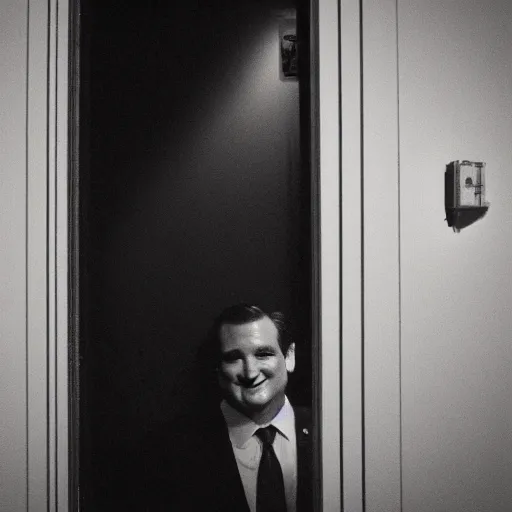 Image similar to Ted Cruz with a wide grin peaking through a door in the distance at the end of a narrow corridor, black and white, creepy lighting, scary, horror, ornate, eerie, fear, oil painting