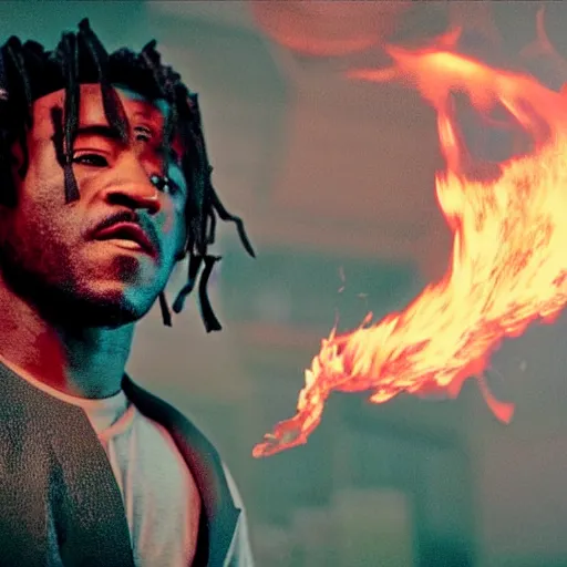 Image similar to cinematic film still of Lil Uzi starring as a Samurai holding fire, Japanese CGI, VFX, 2022, 40mm lens, shallow depth of field, film photography