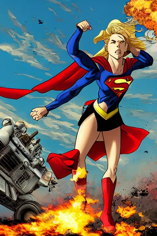 Image similar to a dramatic scene of supergirl leaping onto a tank and smashing it, on a battlefield, smoke, fires, explosions, manga art by masamune shirow, close - up, low angle, wide angle, highly detailed digital art