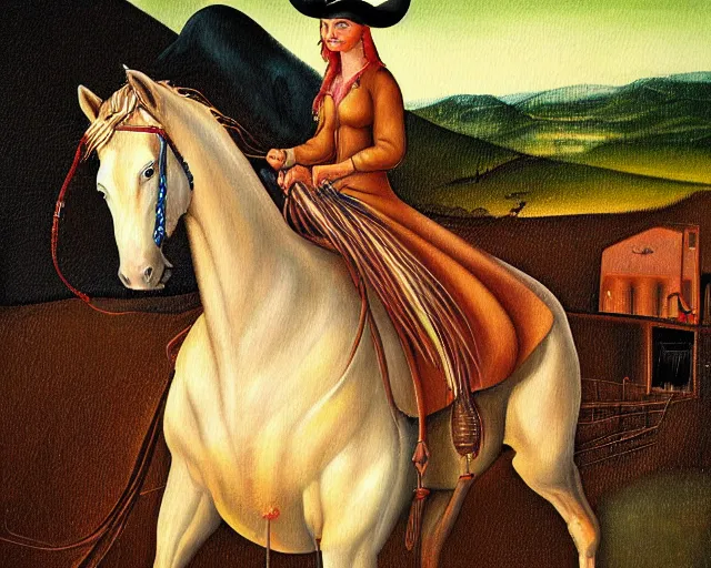 Prompt: a painting of a cowgirl riding her horse with texas oil derrick in background, in the style of hieronymus bosch, baugh and ed binkley, digital art