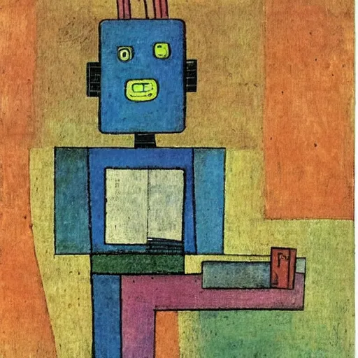 Image similar to a robot reading a book by paul klee