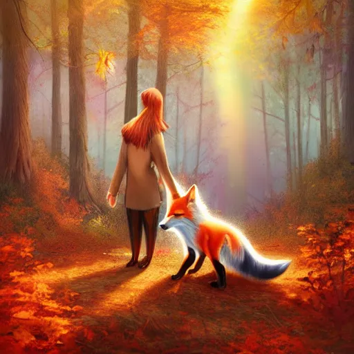 Prompt: A woman with a mystical fox companion, in a autumn forest, lifelike, light rays, volumetric, fox, magic, autumn, digital art, trending on artstation, by Toni Infante