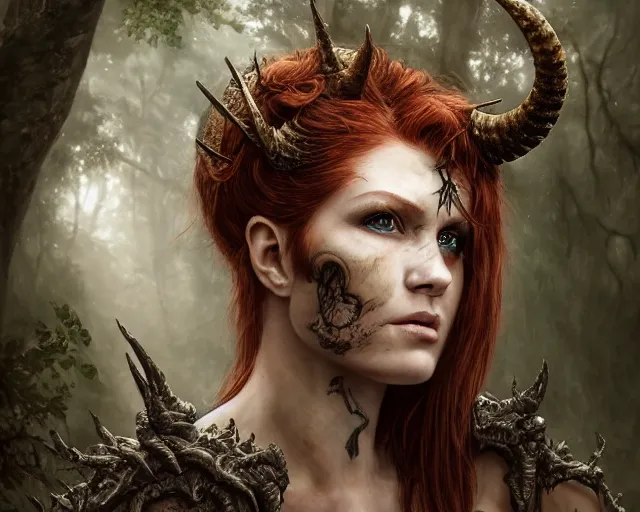 Image similar to 5 5 mm portrait photo of an armored gorgeous anesthetic redhead woman warrior with a face tattoo and horns growing from her head and a gargoyle sitting on her shoulder, in a magical forest in the style of luis royo. art by greg rutkowski. highly detailed 8 k. intricate. lifelike. soft light. nikon d 8 5 0.