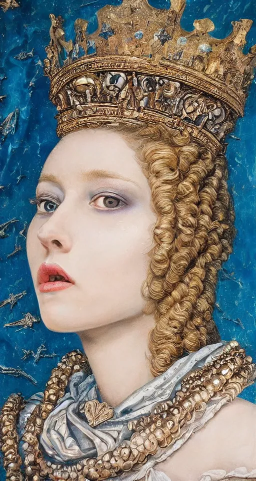 Prompt: hyperrealism oil painting, extreme close-up, portrait of european medieval queen fashion model, high detailed crown, melted cyborg, sci-fi mixed with Renaissance, ocean pattern mixed with star sky, in style of classicism mixed with 70s japan book art