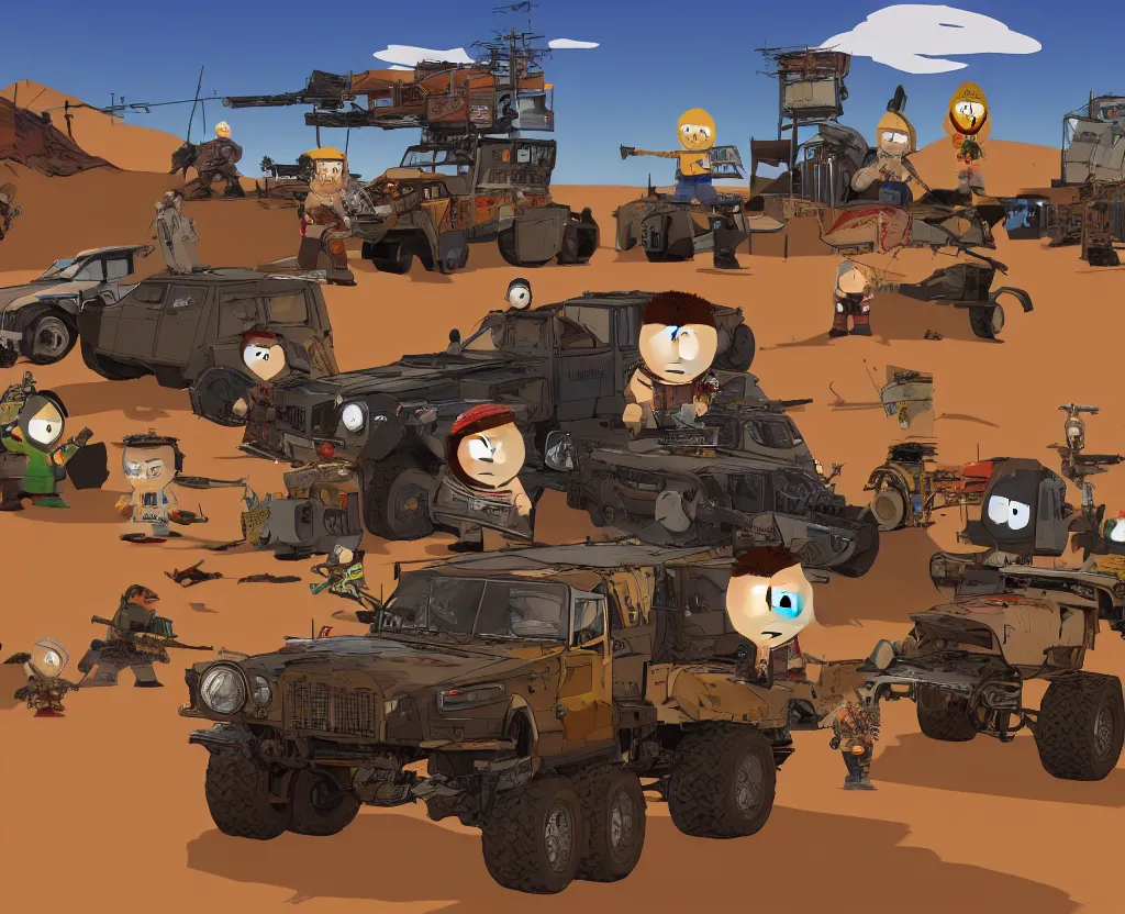 Image similar to South Park Fury Road War Rig and desert background, borderlands video game 4k render
