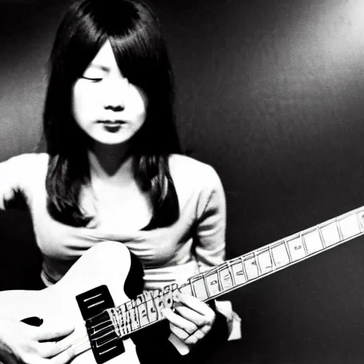 Image similar to a black and white photograph of a female japanese artist playing a gibson sg, 1 9 7 0 s