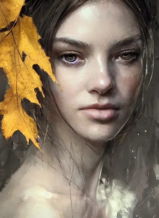 Image similar to golden leaves, beautiful portrait painting by jeremy mann, a female witch absurdly beautiful, elegant, ultrafine hyperrealistic detailed face illustration by wlop and artgerm and greg rutkowski, intricate linework, sharp focus, smooth, octopath traveler, final fantasy, unreal engine, dramatic lighting, ethereal, 8 k