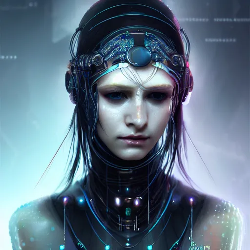 Image similar to cyberpunk robotic dark elvish queen, diadem on the head, black tears, extremely detailed, hyperrealistic, intricate, soft light, fantasy, digital painting, art station, perfect faces, fine details, by wlop