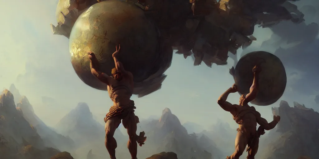 Image similar to atlas carrying the earth on his shoulders, greek mythology, extremely detailed digital painting, in the style of fenghua zhong and ruan jia and jeremy lipking and peter mohrbacher, mystical colors, rim light, beautiful lighting, 8 k, stunning scene, raytracing, octane, trending on artstation