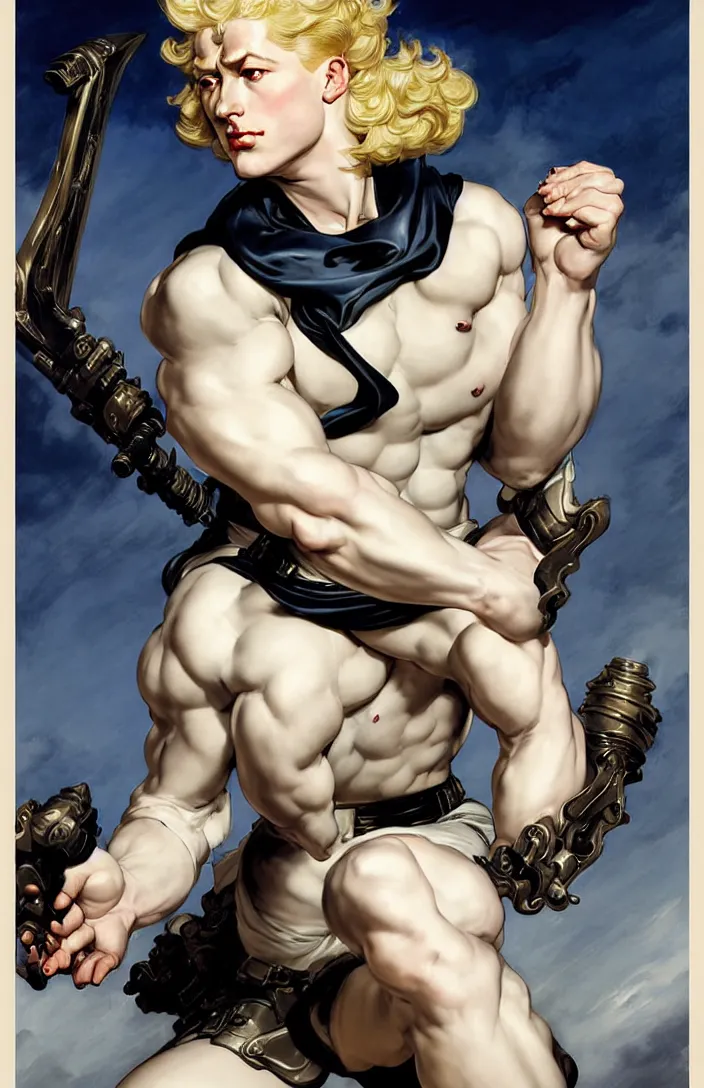 Prompt: pinup poster of the pale blond androgynous MALE soldier Lucius by J.C Leyendecker and Peter Paul Rubens, porcelain white skin, tight black tank top and shorts, voluptuous male, long luxurious light curly blond hair, long fluffy blond curly hair, genetically engineered super soldier black armor glowing eyes, league of legends splash screen, hyper detailed background, 4K, artstation