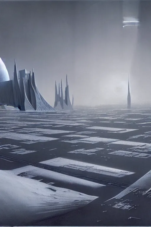 Image similar to emissary space by author haas and bruce pennington and john schoenherr, cinematic matte painting on planet hoth, zaha hadid building, 8 k, dark moody monochrome color palate