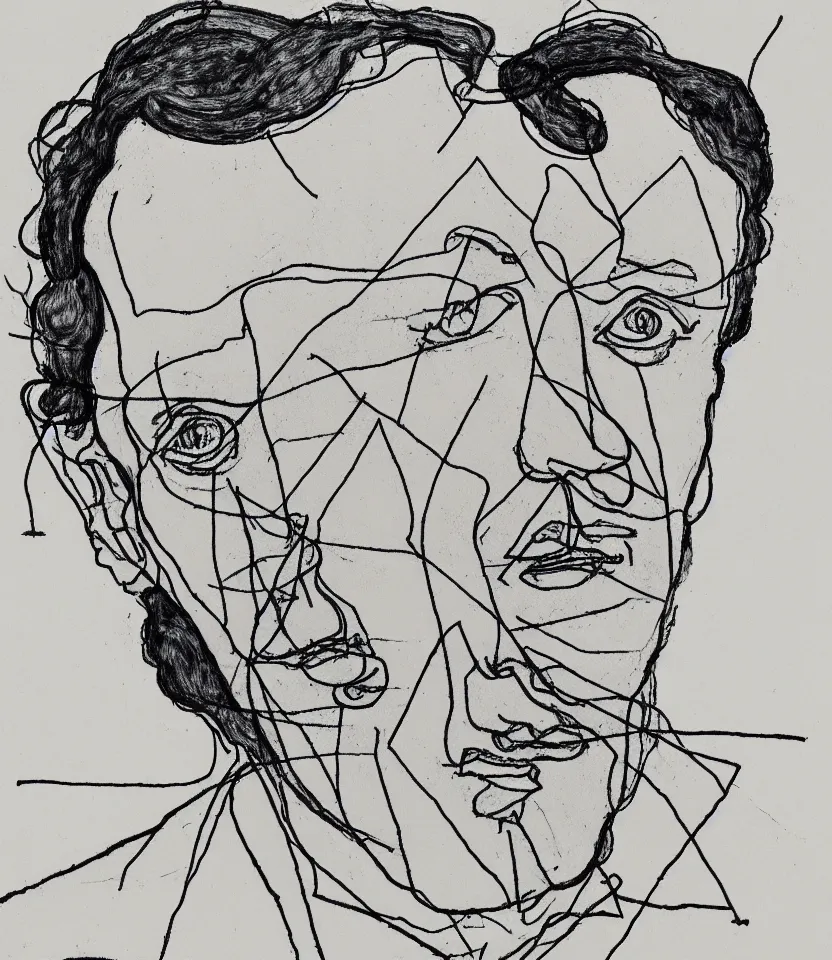 Prompt: minimalist line art portrait of german composer richard wagner, inspired by egon schiele. contour lines, musicality, twirls and curves, strong personality