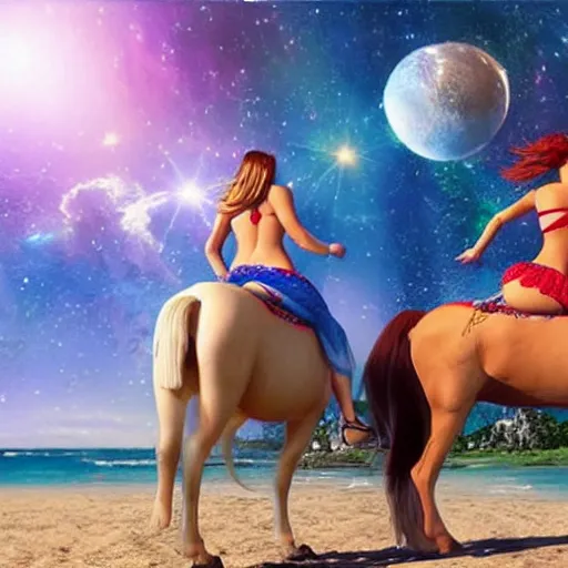 Prompt: beautiful women in bikini riding a horse through space, realistic, colorful, pretty
