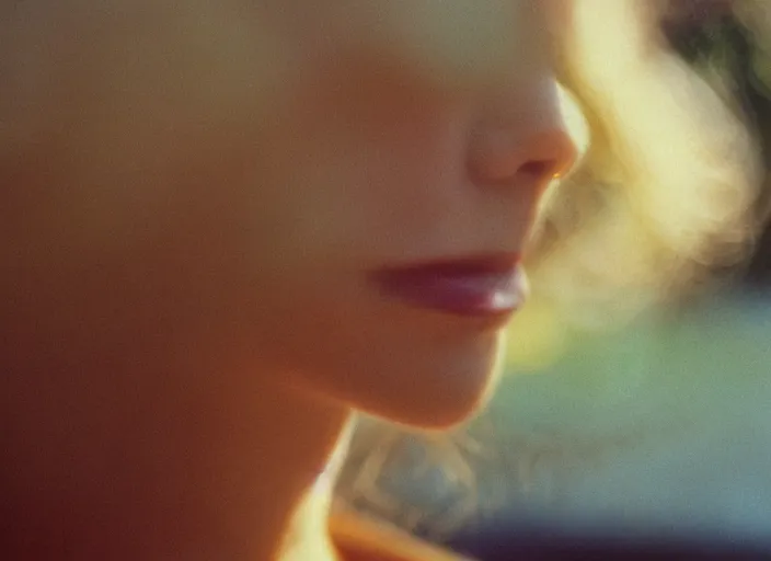 Image similar to close-up color film photography 1970 of woman in style of nan goldin, soft focus, golden hour, soft light, 35mm, film photo