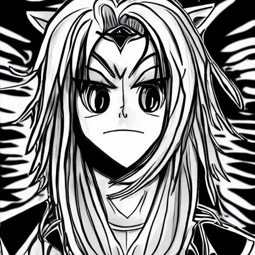 Image similar to close up of a male anthropomorphic fox furry with long hair, in the style of JoJo’s Bizarre Adventure, key manga ink line art