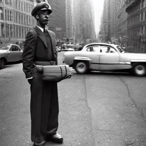 Image similar to super Mario standing in the streets of 1940s new york