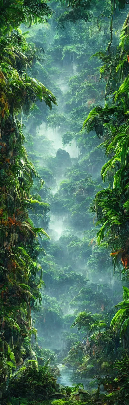 Image similar to painting of a jungle scene on an alien planet by vincent bons. ultra sharp high quality digital render. detailed. beautiful landscape. weird vegetation. water.