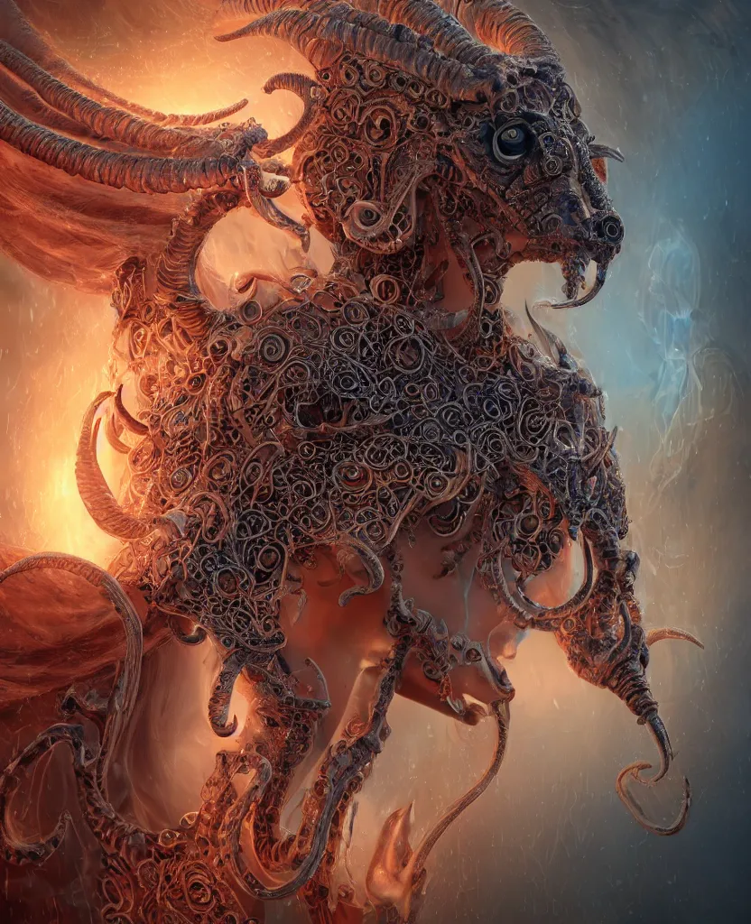 Image similar to close-up macro portrait of the face of a beautiful princess with ram goat satan mask, epic angle and pose, ribcage skeleton symmetrical artwork, 3d with depth of field, blurred background, cybernetic jellyfish female face phoenix bird, translucent, nautilus, energy flows of water and fire. a highly detailed epic cinematic concept art CG render. made in Maya, Blender and Photoshop, octane render, excellent composition, cinematic dystopian brutalist atmosphere, dynamic dramatic cinematic lighting, aesthetic, very inspirational, arthouse. y Greg Rutkowski, Ilya Kuvshinov, WLOP, Stanley Artgerm Lau, Ruan Jia and Fenghua Zhong