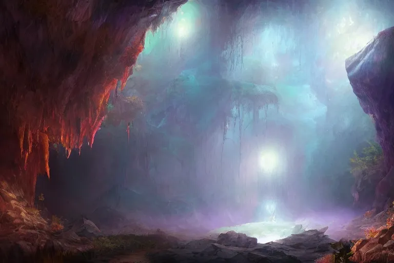 Image similar to beautiful stunning painting of a deep mysterious foggy rocky cave landscape filled with large magic glowing crystals and a small reflective pond, fantasy, digital art, volumetric light, realism, trending on artstation