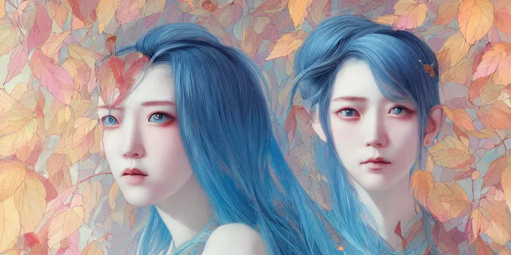 Prompt: breathtaking detailed concept art painting pattern with gradient pastel colors of blue hair faces goddesses amalgamation autumn leaves with anxious piercing eyes, by hsiao - ron cheng and james jean, bizarre compositions, exquisite detail, 8 k