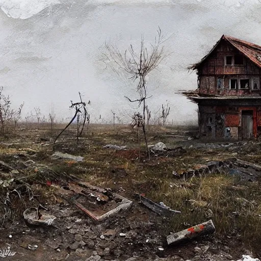 Image similar to painting by jakub rozalski of an abandoned post soviet town infested with root monsters