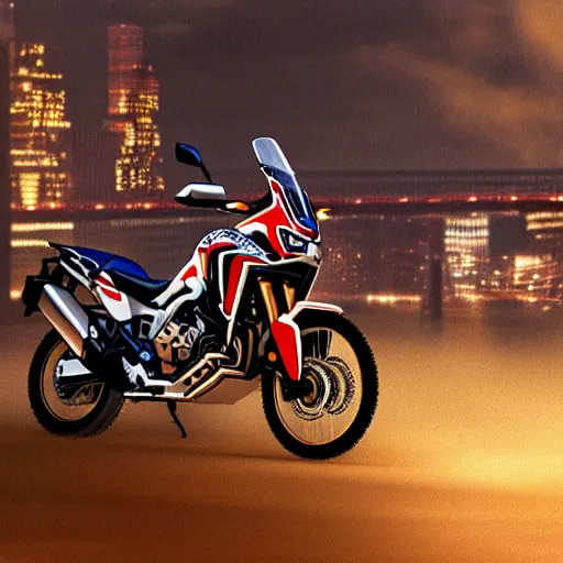 Prompt: honda africa twin at night view of new york in heavy mist, highly detailed, cinematic, hyperrealistic, artstation, concept art