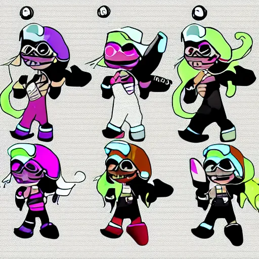 Image similar to Splatoon character concept art, colored lineart, character reference sheet