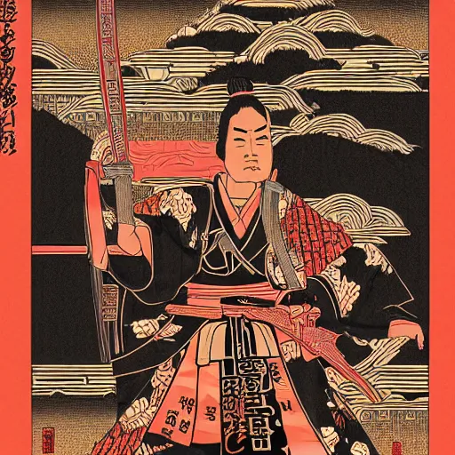 Image similar to an epic detailed political poster of a Japanese samurai in a temple, with Japanese text, high quality, intricate, detailed, 4k, by Shepard Fairey