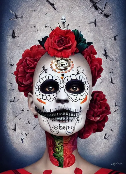 Image similar to dia de los muertos theme surrealist art in the styles of igor morski, jim warren, and aida muluneh, intricate, hyperrealistic, accurate facial details, profile picture with chromakey!!!!! background, volumetric lighting