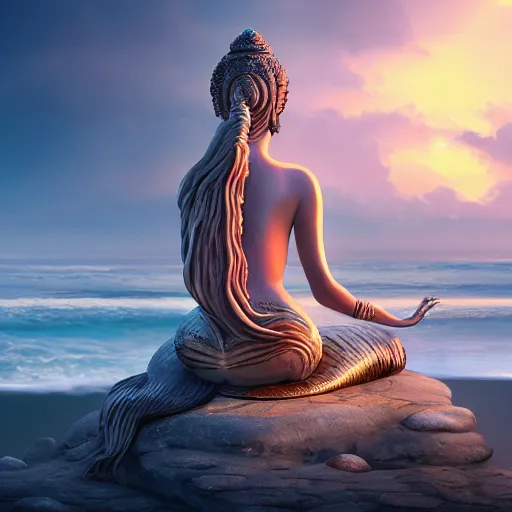 Prompt: stunning artstation style portrait painting of a mermaid bodhisattva, praying meditating prayer hands, human hand, on the beach, by the ocean, stunning sky, WLOP, 8k masterpiece, curvy, slim build, full frame shot, cinematic lighting, pristine clean design, fantasy, insanely detailed, atmospheric