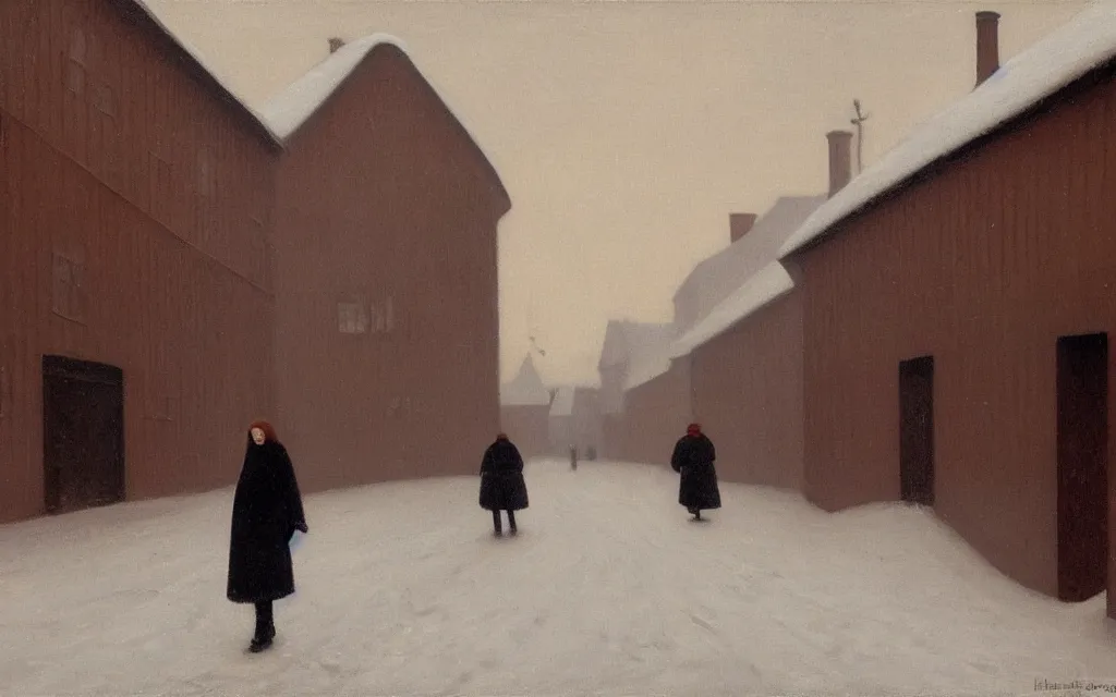 Image similar to a painting of sad little redhead lady in a winter street in norway, oil on canvas, by hammershoi