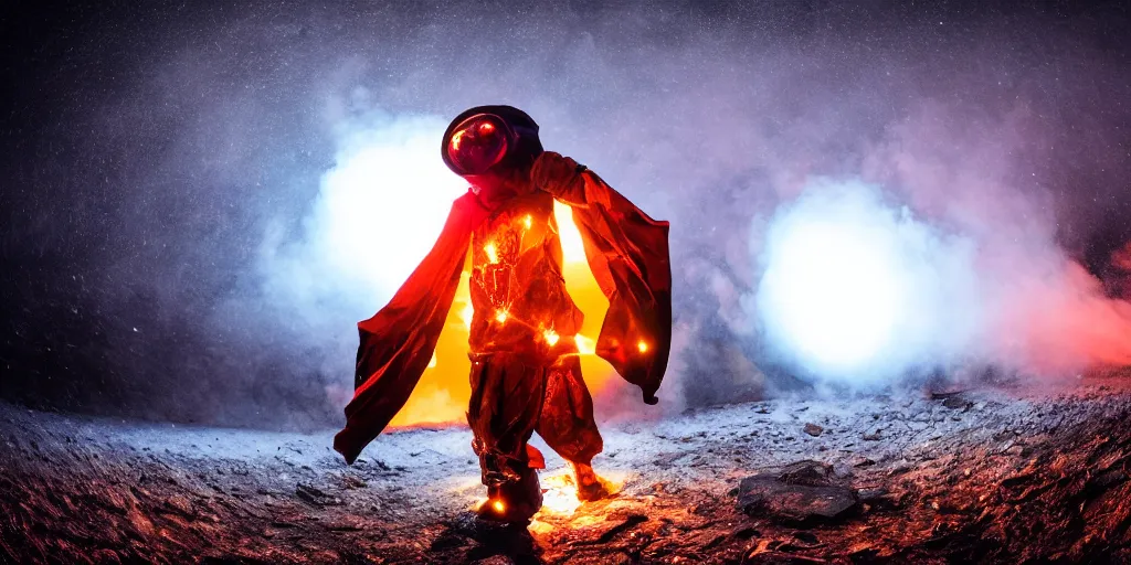 Image similar to music video fisheye slow motion with trail fire and smoke effect of futuristic break dancer wearing long dark cloak and golden helmet emitting fire and crystals, long exposure shot , enigmatic, at night in the middle of the arctic with red light A letter, paddle of water, steam, fog, water splashes, rim lights, glossy reflections, water droplets on lens, octane render, Volumetric dynamic lighting, stunning cover magazine, high details, hajime sorayama