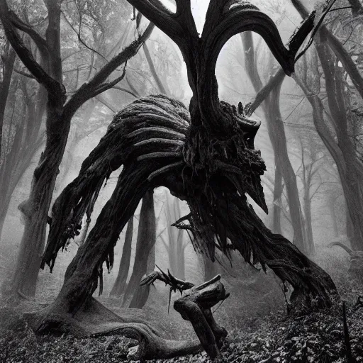 Prompt: an ancient daemon on a mysterious fractal forest, demon, evil, entity, mist, 1910 photography, Black and white