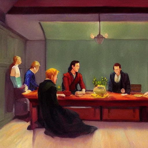 Prompt: ultra-detailed painting of the Fellowship of the Ring meeting at Elrond's house in the style of Edward Hopper