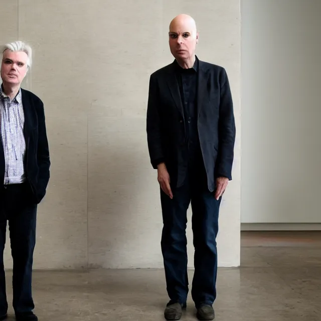 Image similar to david byrne and brian eno are looking for ideas in an art museum