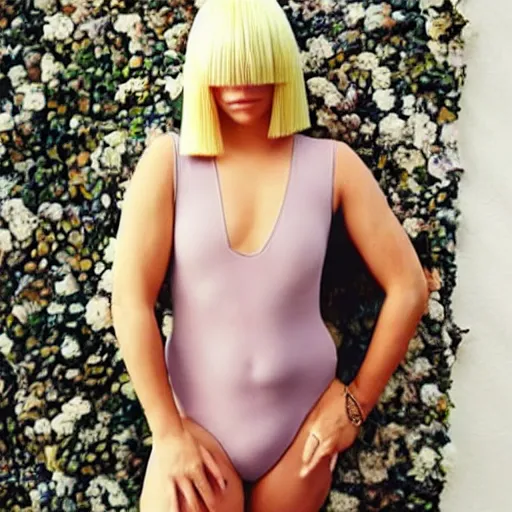 Image similar to sia furler wearing a skin colored leotard full body artistic photoshoot