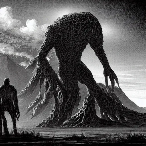 Image similar to a giant creature looms in the distance, towering over someone who is very small in comparison, horror art