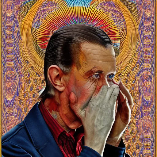 Image similar to a detailed digital art of Tommy Cash in the style of Alex Grey and Norman Rockwell, fantasy, 8k, ornate, intricate