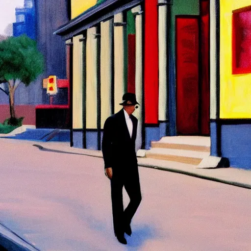 Prompt: a lonely man in a suit walking down the street, his head is a colorful skull with his brain sticking out, in the style of Edward Hopper, 4k,