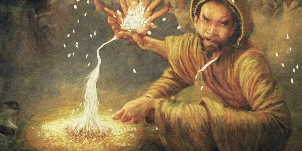 Prompt: a rice-wizard casting a spell that levitates hundreds of rice grains into the air, style of Magic the Gathering, fantasy art