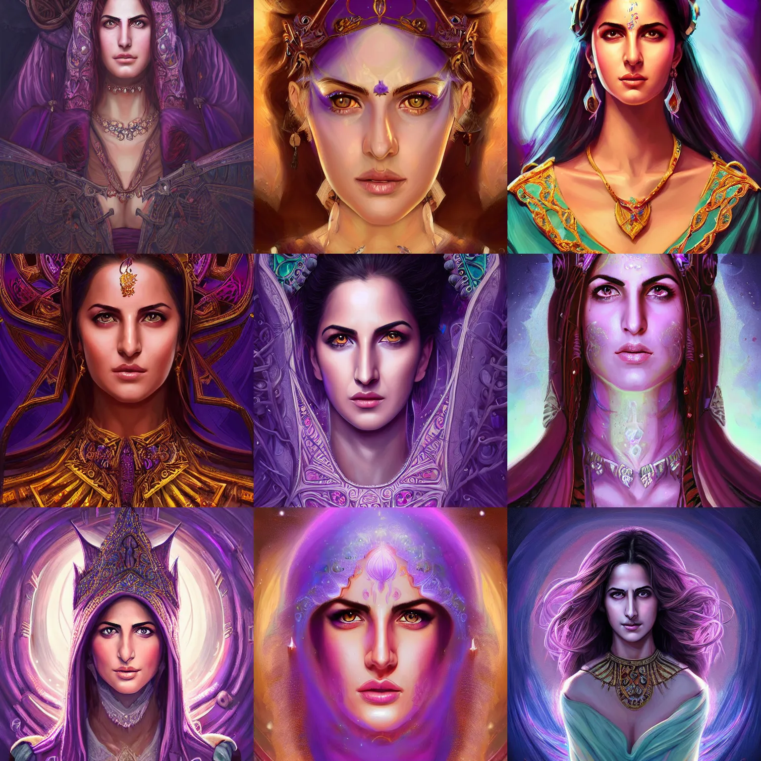 Prompt: head-on centered symmetrical painted portrait, Katrina Kaif as a D&D Purple Mage, intricate fantasy robes, fantasy, intricate, elegant, highly detailed, digital painting, smooth, sharp focus, illustration, dramatic lighting, artstation, in the style of Artgerm and Anna Podedworna and Alex Ross